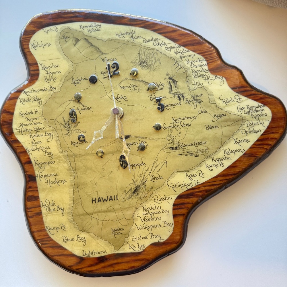 Vintage Scenes Pacific Hawaii Big Island Map Live Edge Wood Resin Wall Clock